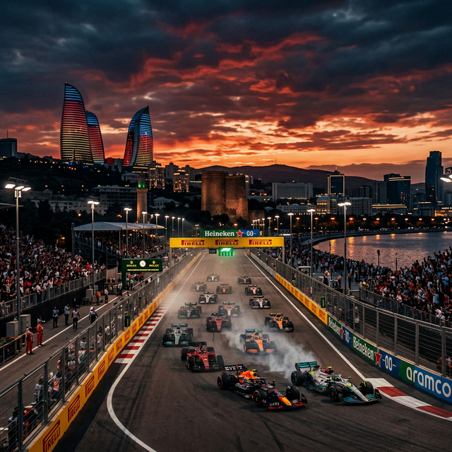 Azerbaijan Formula 1 race start — Baku City Circuit with Flame Towers